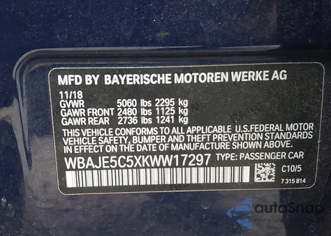 2019 BMW 540I from USA, damaged, VIN WBAJE5C5XKWW17297